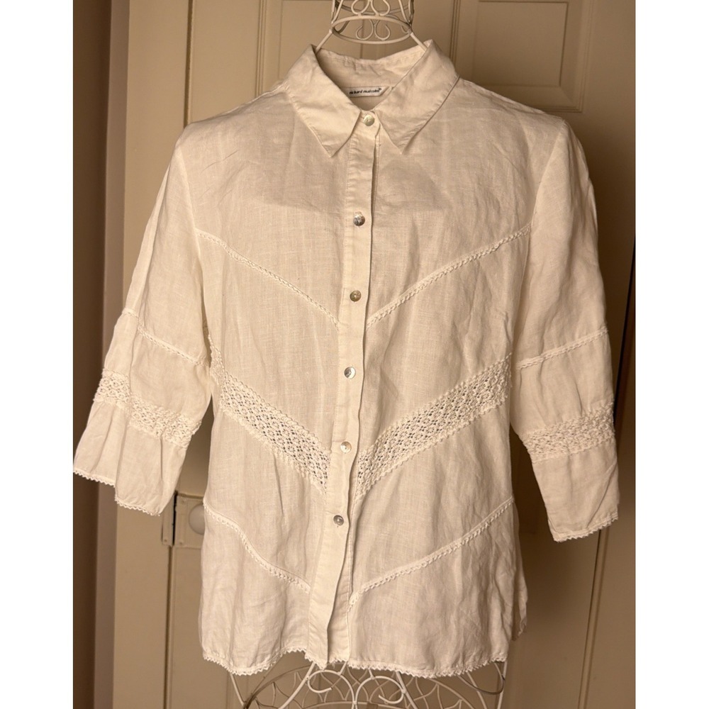 Richard Malcolm Irish Linen Boho Button Up  Blouse Ruffle Hem, 3/4 Sleeve Size L
